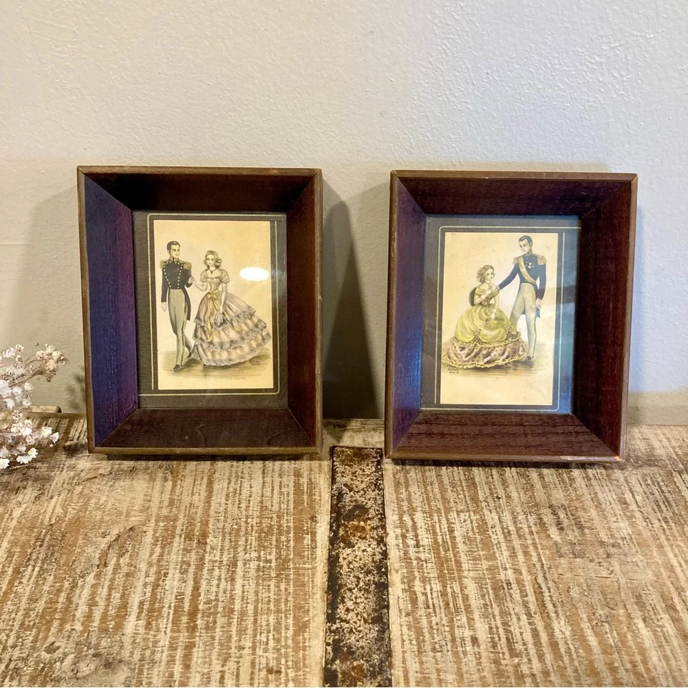 Pair Vintage Stan David 1970s Art Prints Featuring Victorian Couple Wood Frames